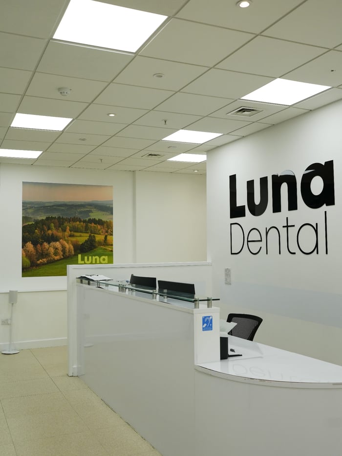 The reception desk at Luna Dental in Cardiff city centre